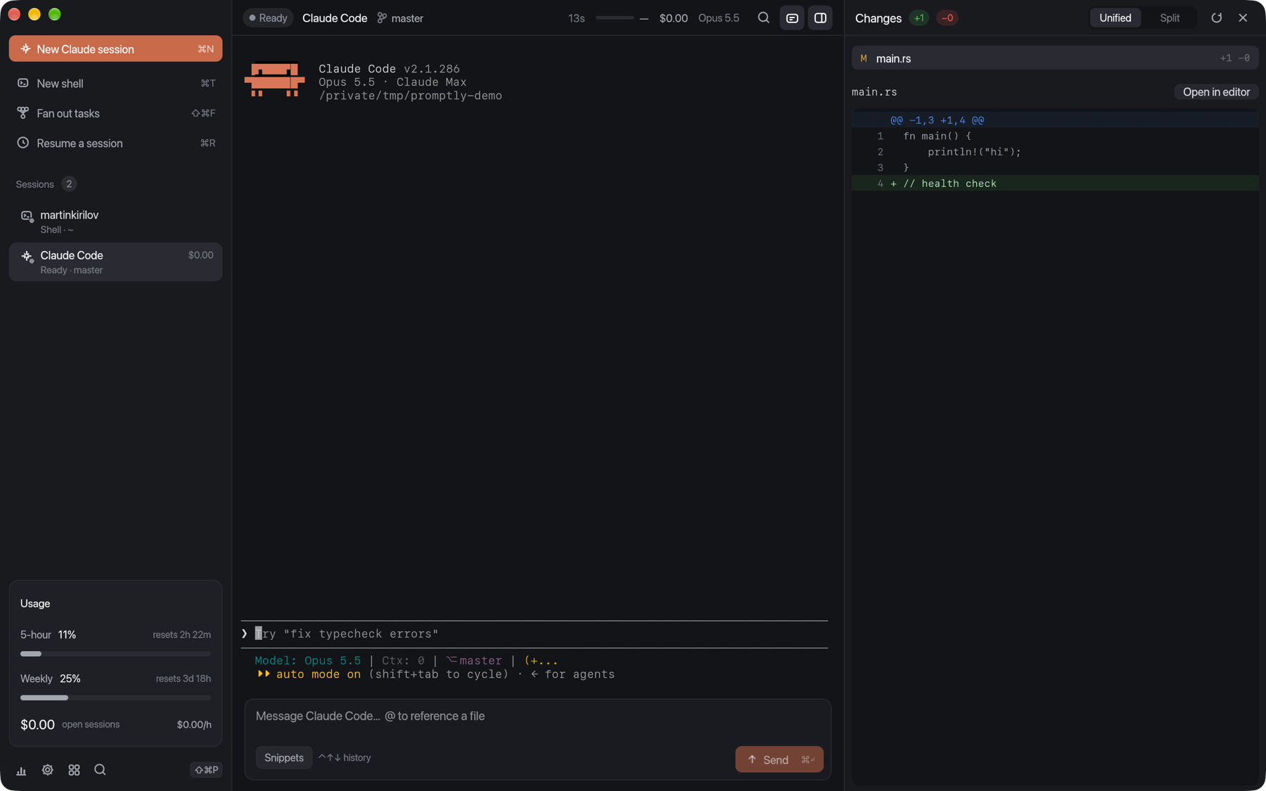 Promptly with a Claude Code session in the middle, sessions and live usage in the sidebar, and a diff in the review pane